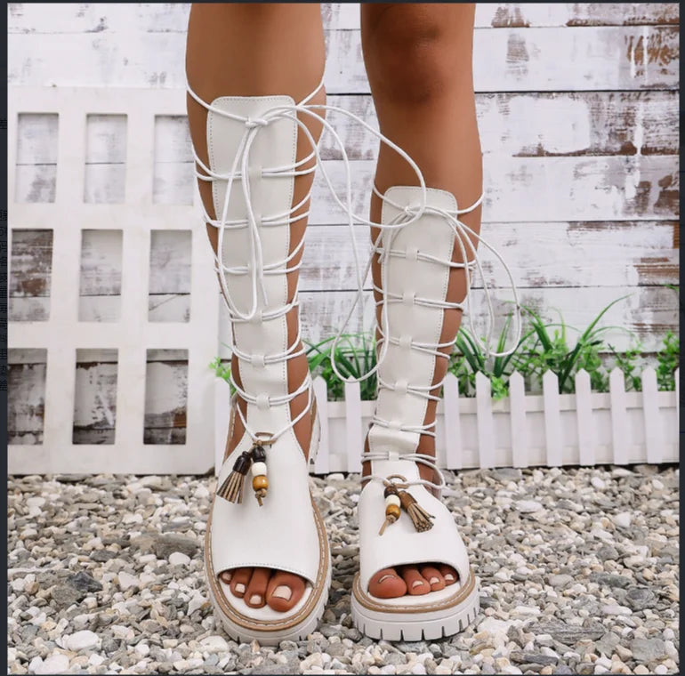 Women  Punk Style Sexy Knee High Flat Open Toe Buckle Strap Summer Roman Sandals