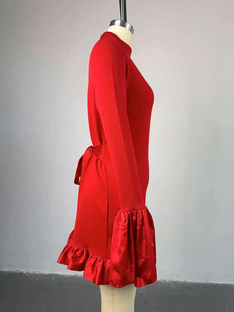Women High Waisted Dress for Stand Collar Party Red Midi Dresses with Ruffle Around Female Spring Sexy   Dress