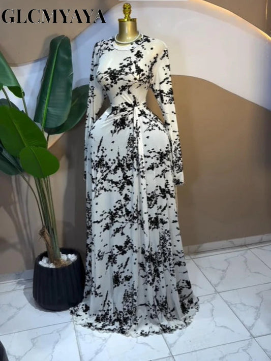GLCMYAYA Women Floral Flocking O-neck Drap Waist Maxi Long A-line Dresses