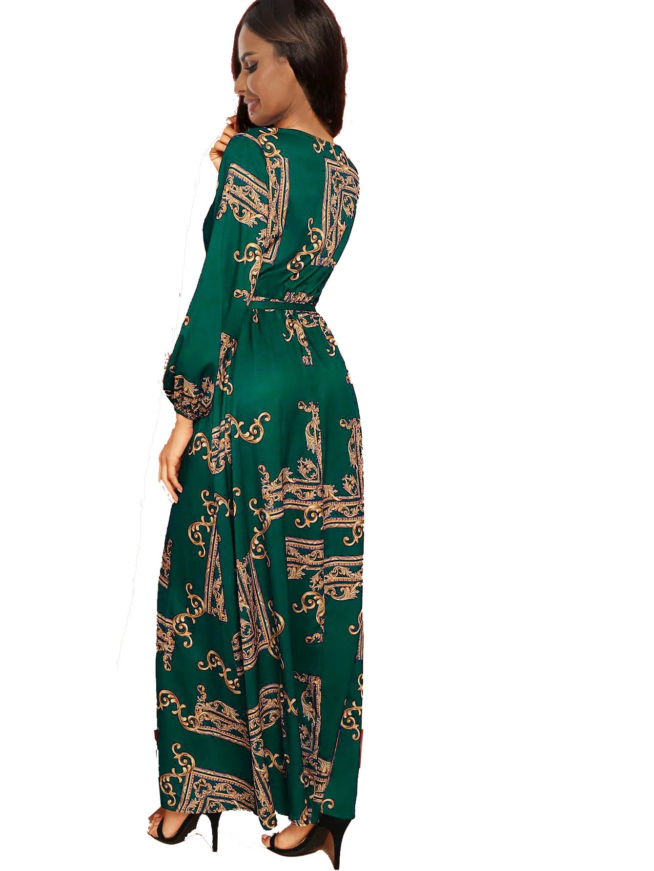 Women Eid Muslim Dresses V Neck Lantern Sleeve Morocco Ramadan Long Robe Print Party Dress