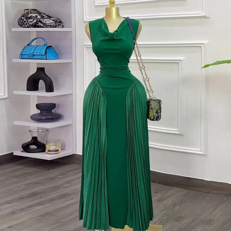 Women CM.YAYA  Summer Elegant Sleeveless Sweet V-Neck Floor-Length Long Dress Beach Party Evening Sexy Pleated Dresses