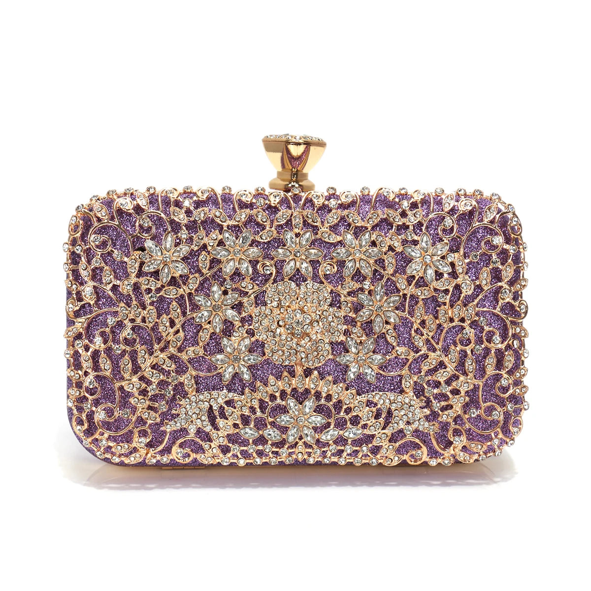 Women Hollow Out Style Rhinestones Golden Metal Banquet  Luxury Metal Rhinestones Evening Bags Flap P