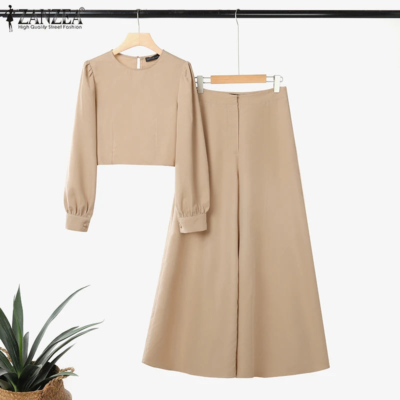 Women elegant Autumn ZANZEA Fashion 2PCS Tracksuits Long Sleeve Blouses Wide Leg Trousers