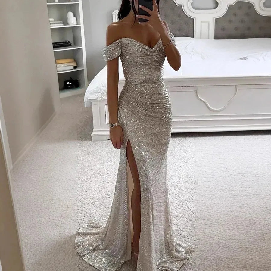 Casual Chic One-Shoulder Slit Dress Women's Fashion Party Wear Polyester Fiber Maxi Dress Regular Waistline No Sleeve