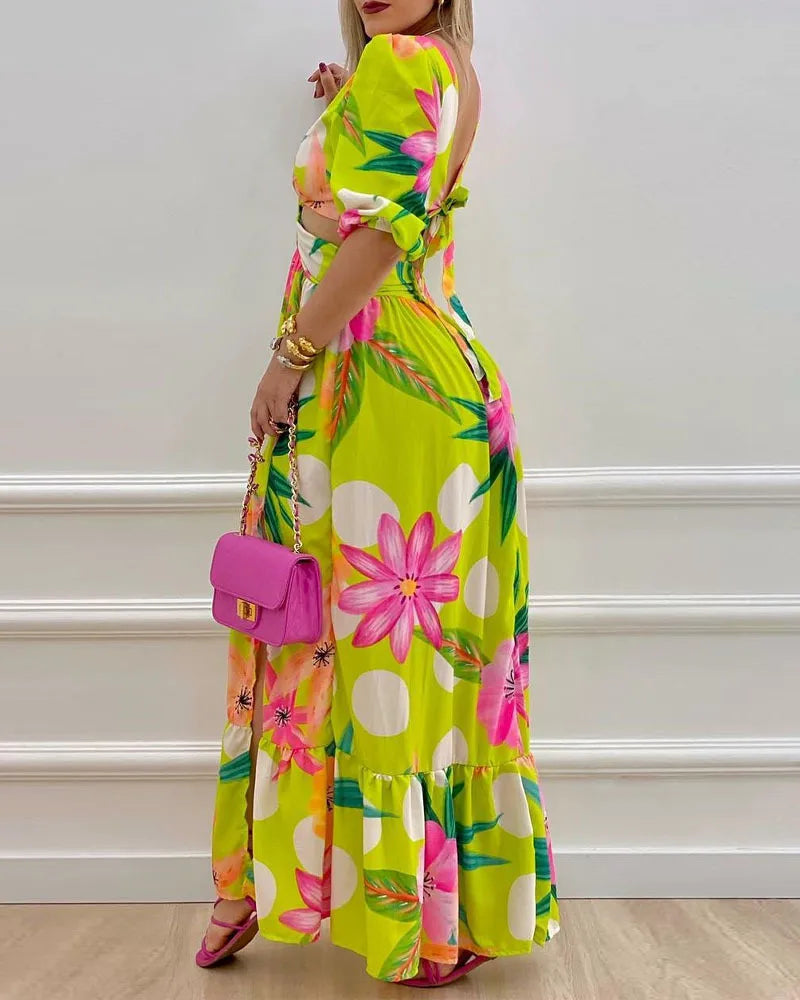 Ladies Spring Long Sleeved Cutout V-Neck Twist  Elegant Tie Dyed Floral Printed Lantern Sleeve Split Thigh Maxi Dress