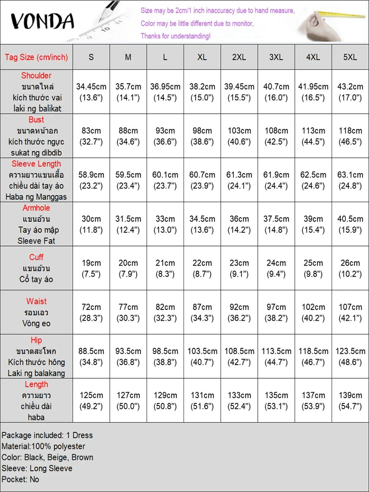 Women VONDA Knitted Dress Sexy Long Sleeve Split Maxi Long Lapel Collar Sundress Casual Robe Solid Color  Dress