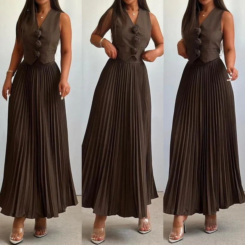 Women 2pcs Office Casual Clothes Set Sleeveless Button Tank Top Vest Solid Color & Long Pleated Skirt