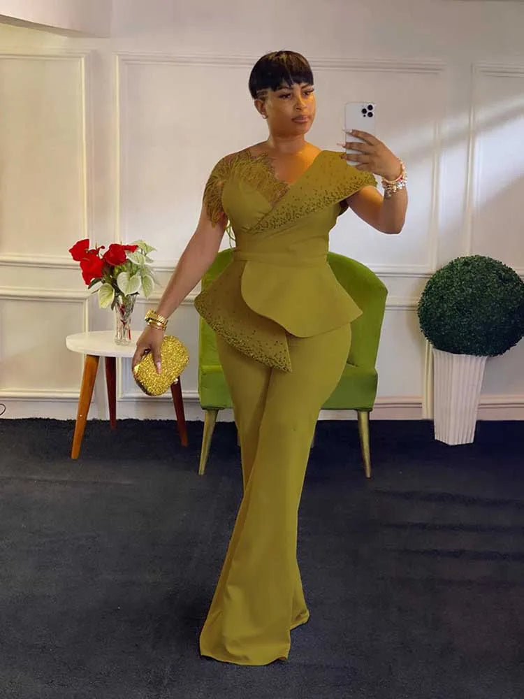 women High Waist Strapless Jumpsuit Rivet Collar Lady Evening and Party  Elegant Sexy Birthday Jumpsuit