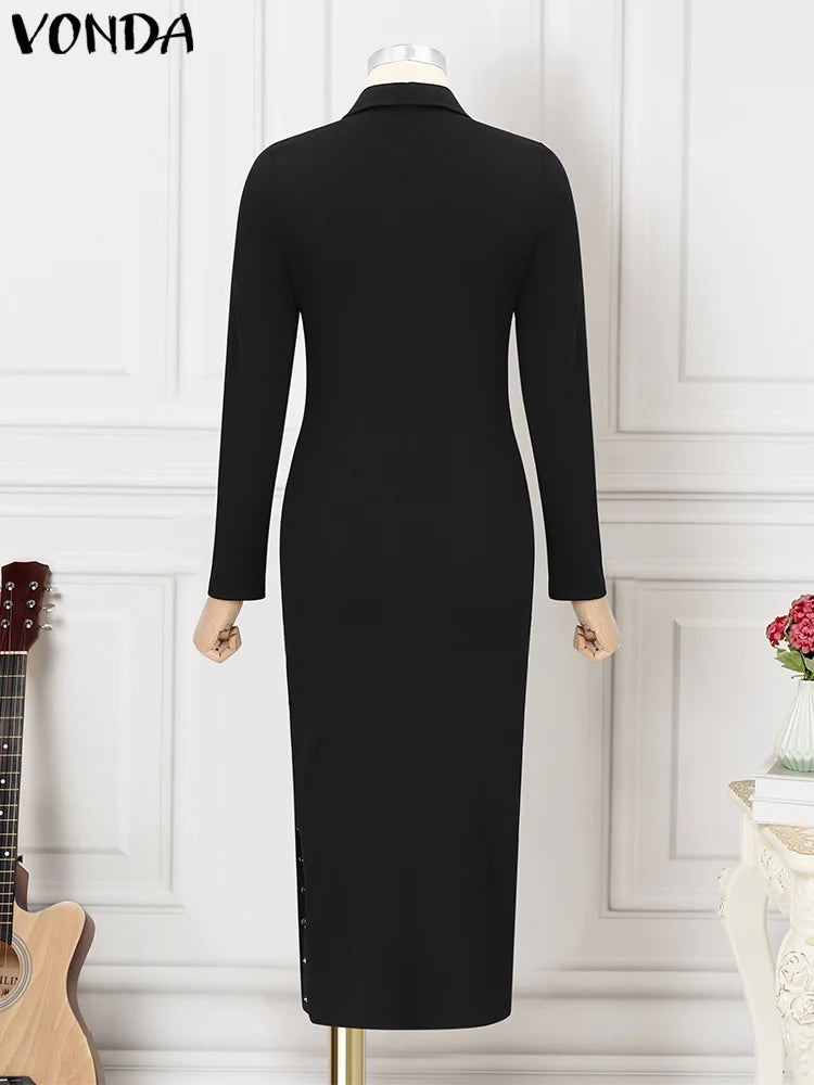 Women VONDA Knitted Dress Sexy Long Sleeve Split Maxi Long Lapel Collar Sundress Casual Robe Solid Color  Dress