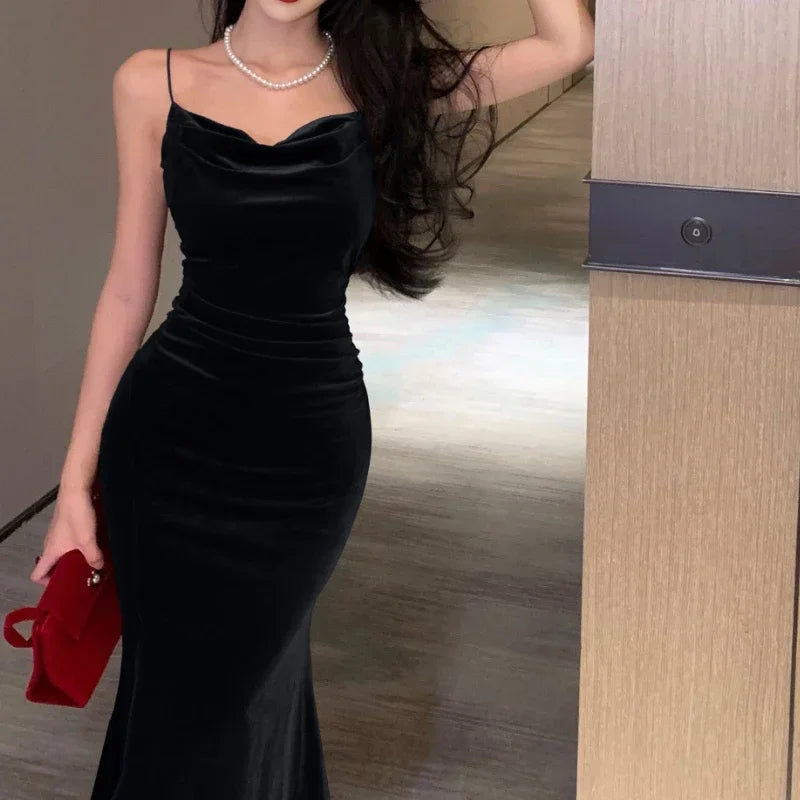 Women Vintage Sexy Club Prom Red  Spaghetti Strap Slit Velvet Beach Bandage Bodycon Midi Dress Party Elegant