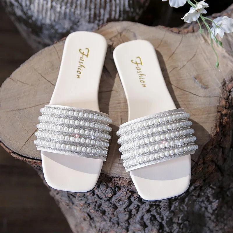 Women's summer new fashion square head open toe design casual flat leather beach slippers