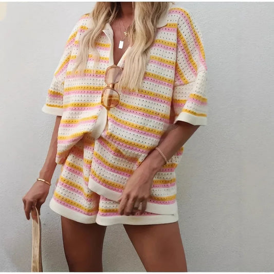 Ladies Summer knitted 2 pieces set short sleeve suit