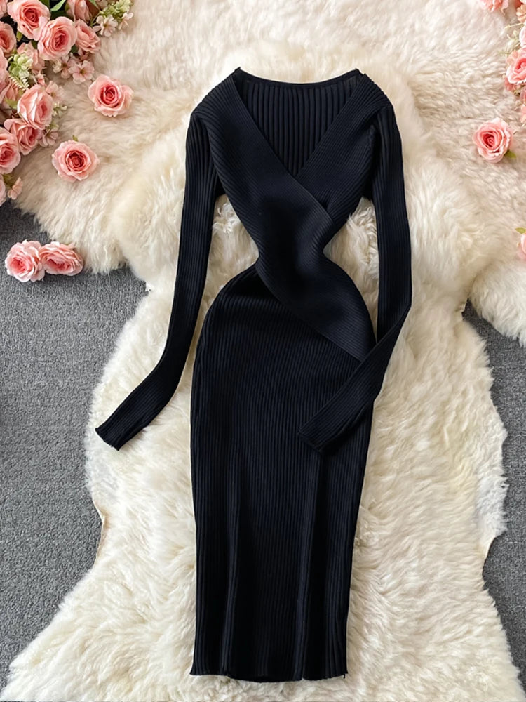 Women YuooMuoo Autumn Winter Elegant Cross V-neck Slim Waist Knitted Bodycon Office  Dress