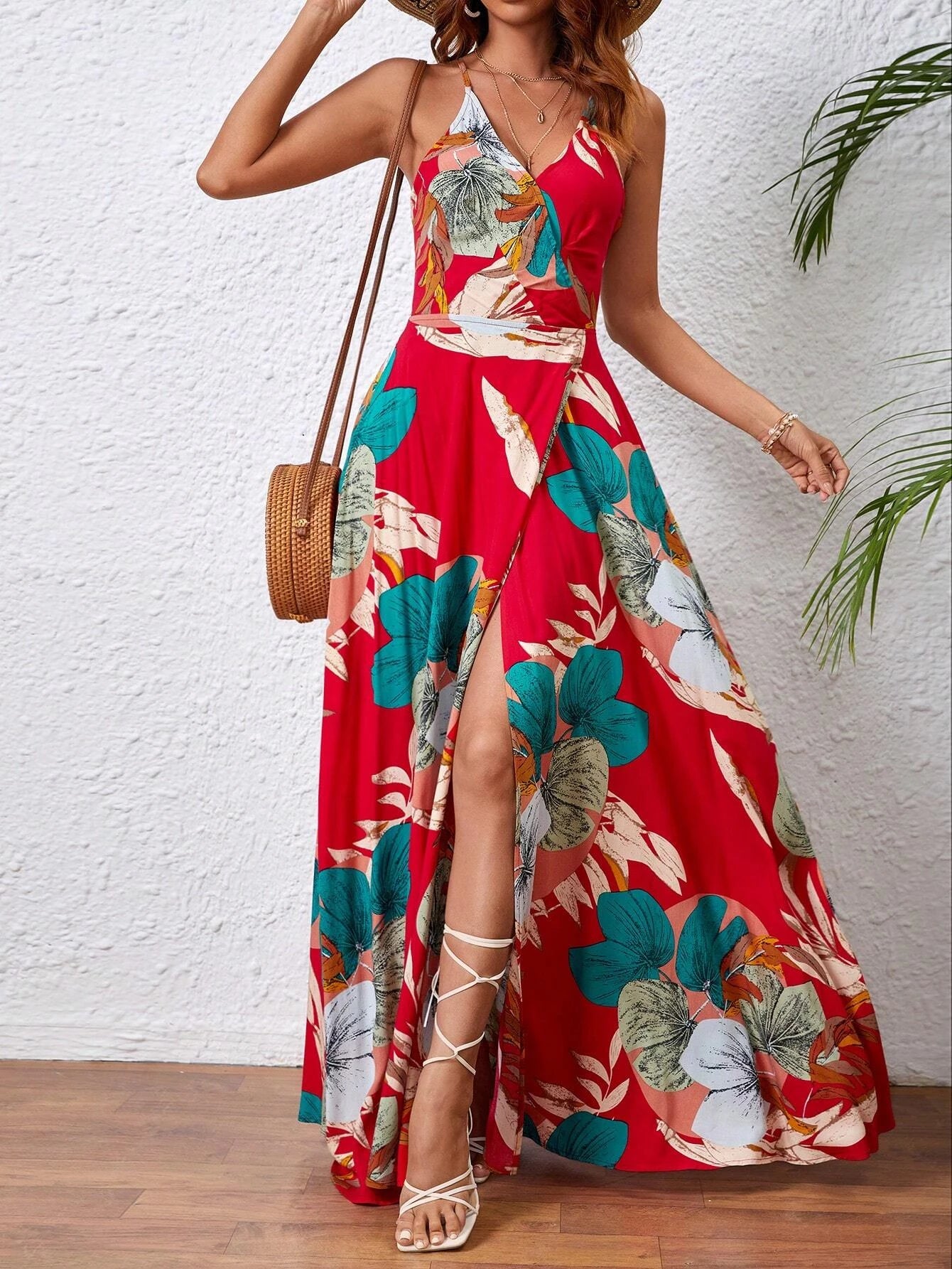 Women Tropical Print Thigh-High Slit Backless Spaghetti Strap Dress