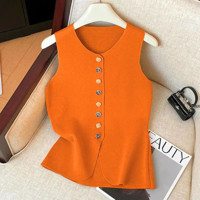 Women Elegant Flower Buttons O Neck Sleeveless Sweater Slim waistcoat