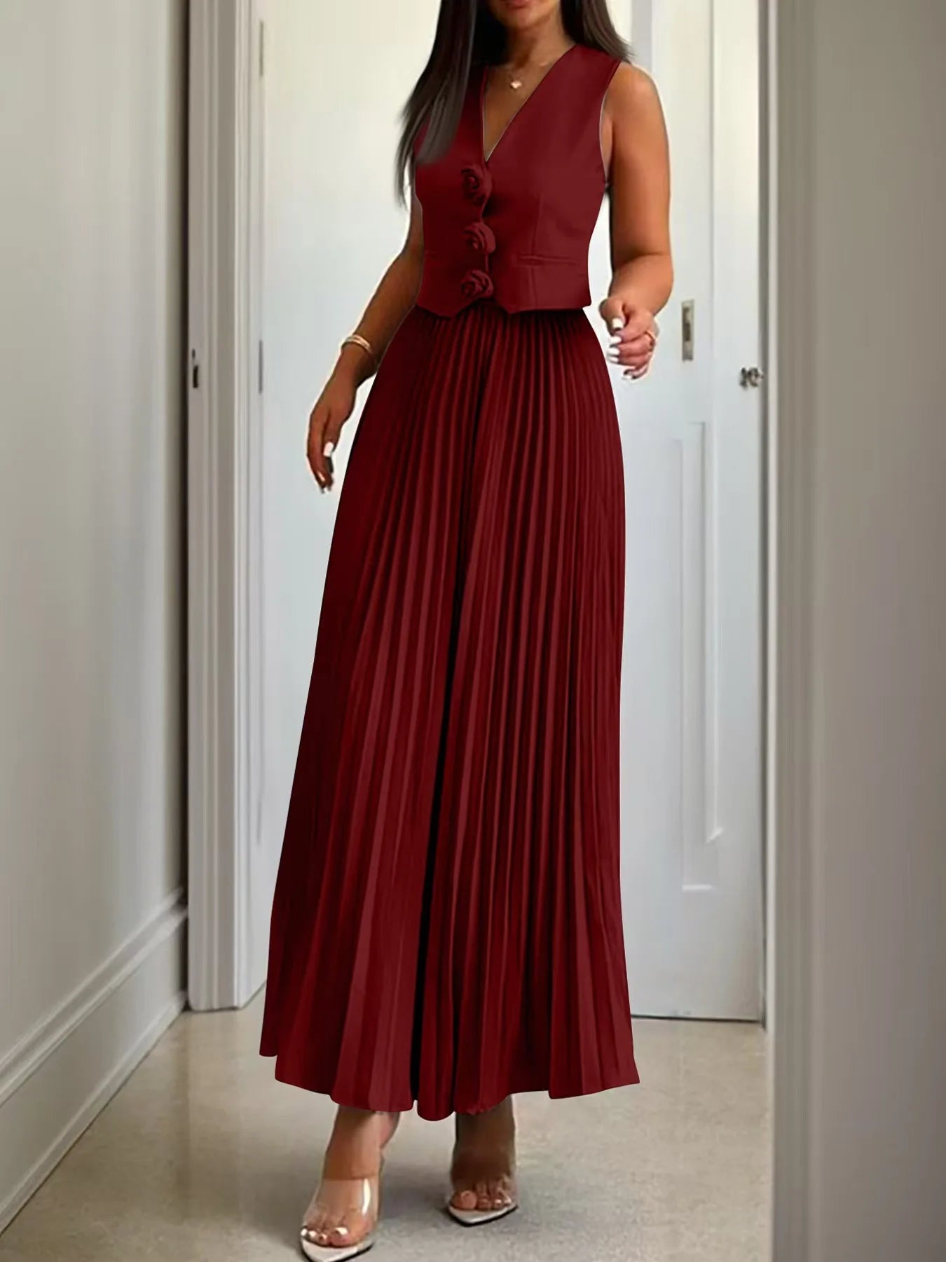 Women 2pcs Office Casual Clothes Set Sleeveless Button Tank Top Vest Solid Color & Long Pleated Skirt