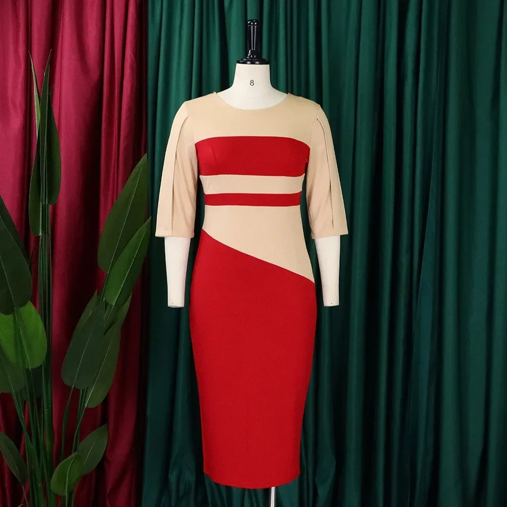 Women  Work Elegant Office O Neck Three Quarter Sleeve Patchwork Sheath Package Hips Mid Calf Professional Business Hot Dress