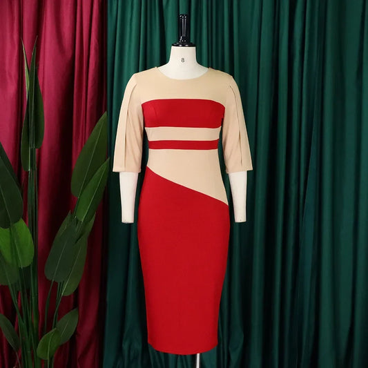 Women  Work Elegant Office O Neck Three Quarter Sleeve Patchwork Sheath Package Hips Mid Calf Professional Business Hot Dress