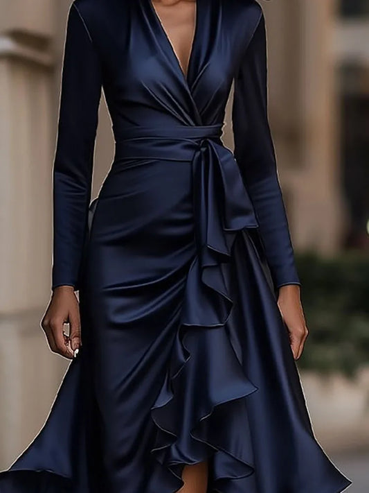 Women Sexy V-neck Long Sleeved Autumn Dress Tie Up Waist Solid Color Casual Dresses Ruffle Design Irregular Vestidos Robe Dress