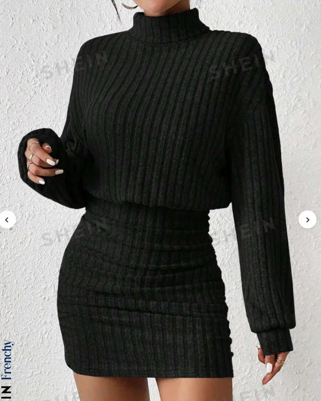 Women's autumn winter fashion high neck knitted sweater warm dress