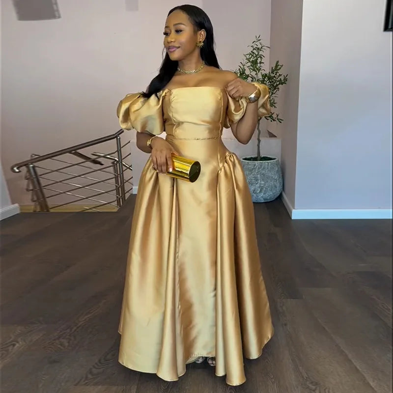 Women Elegant puff sleeve square collar gold solid pleated A-line evening party cocktail maxi Dresses