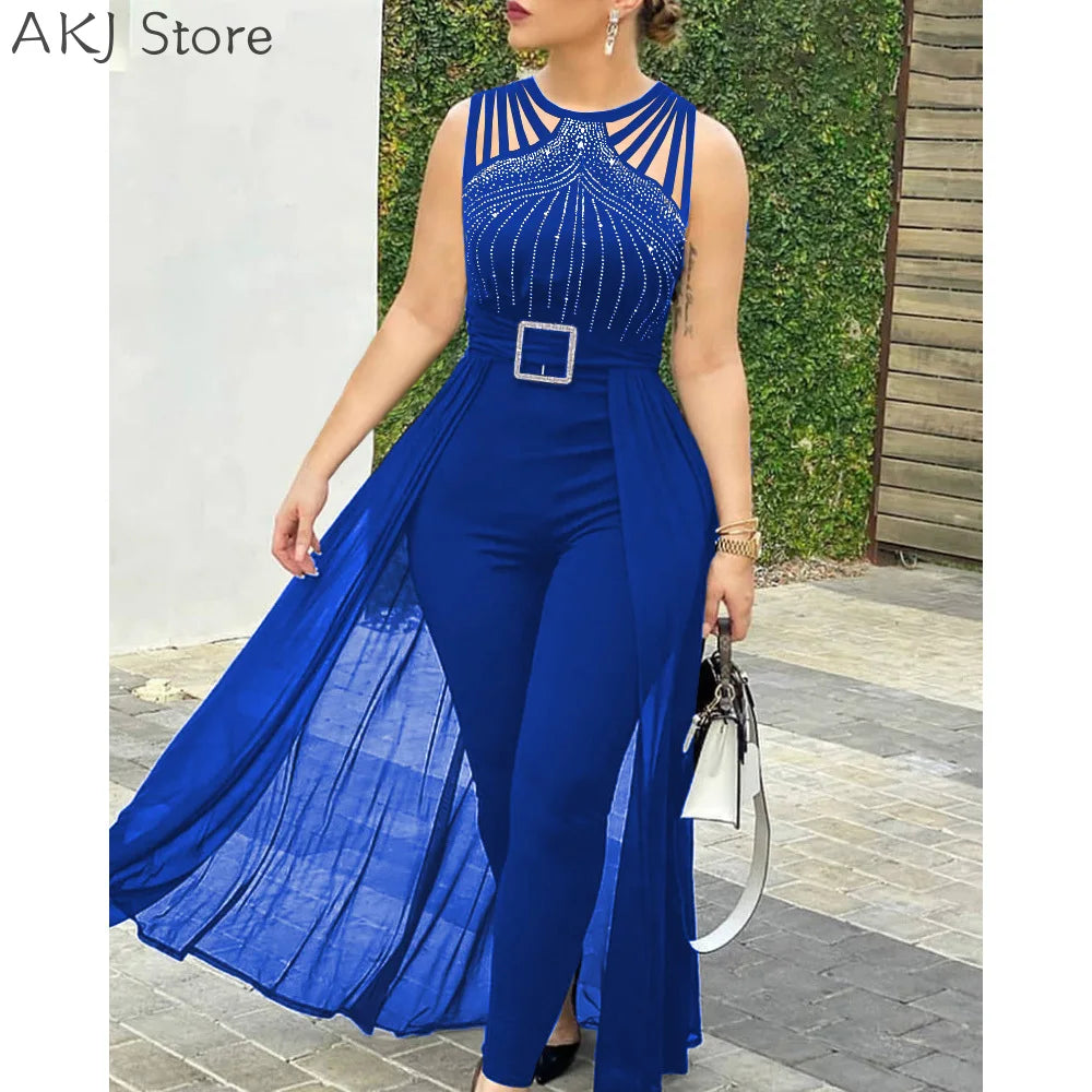 Women's sexy round neck rhinestone sheer mesh sleeveless with belt jumpsuit
