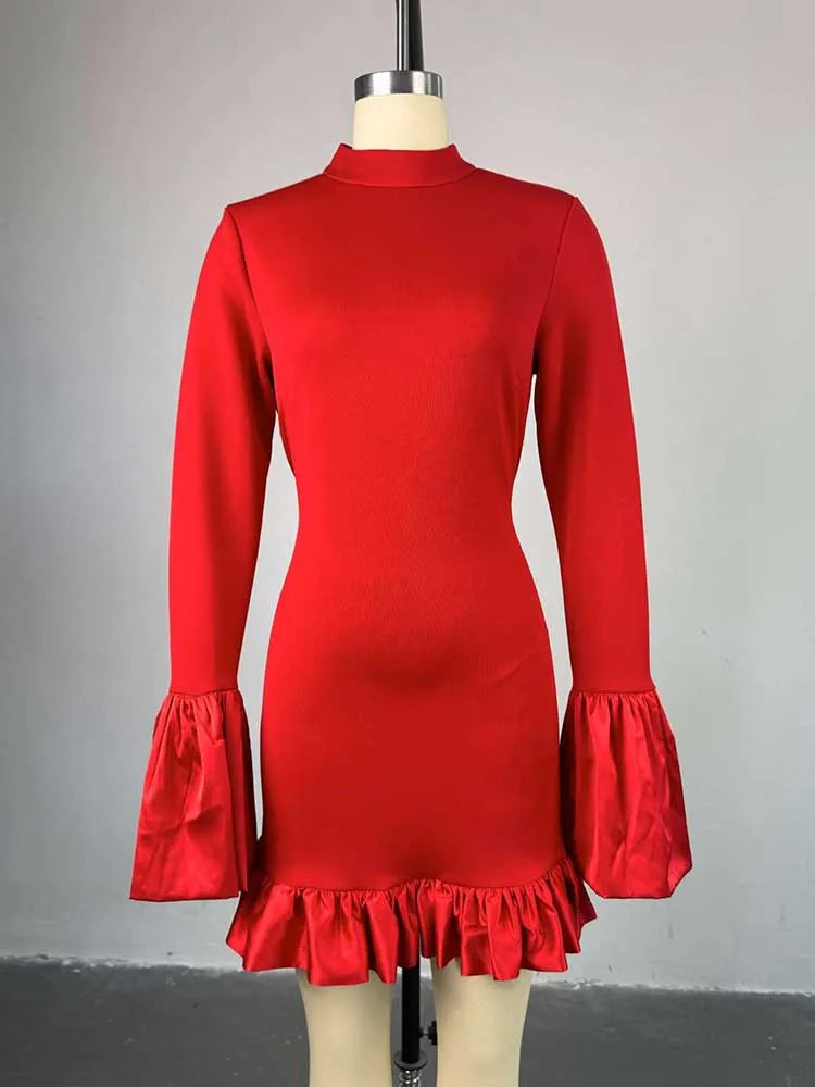 Women High Waisted Dress for Stand Collar Party Red Midi Dresses with Ruffle Around Female Spring Sexy   Dress