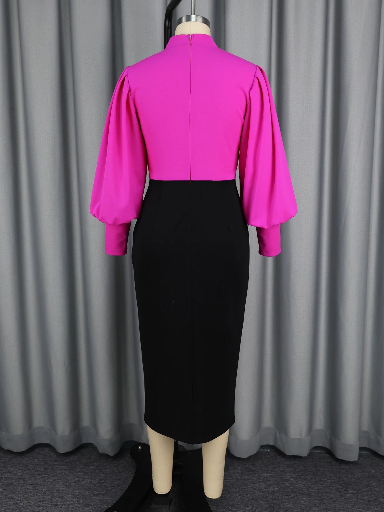 Women Elegant Mock Neck Long Lantern Sleeves Buttom Up Color Block Package Hip church Party Office Business dresses
