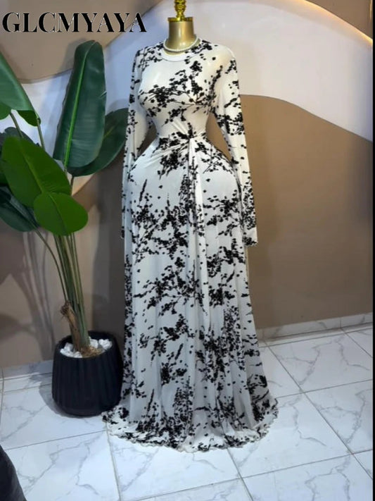 GLCMYAYA Women Floral Flocking O-neck Drap Waist Maxi Long A-line Dresses