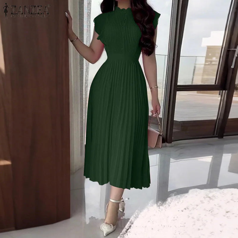 Women ZANZEA  Summer Sleeveless Pleated Vestidos Casual OL Work Sundress Zippers Fashion Solid Turtleneck Robe