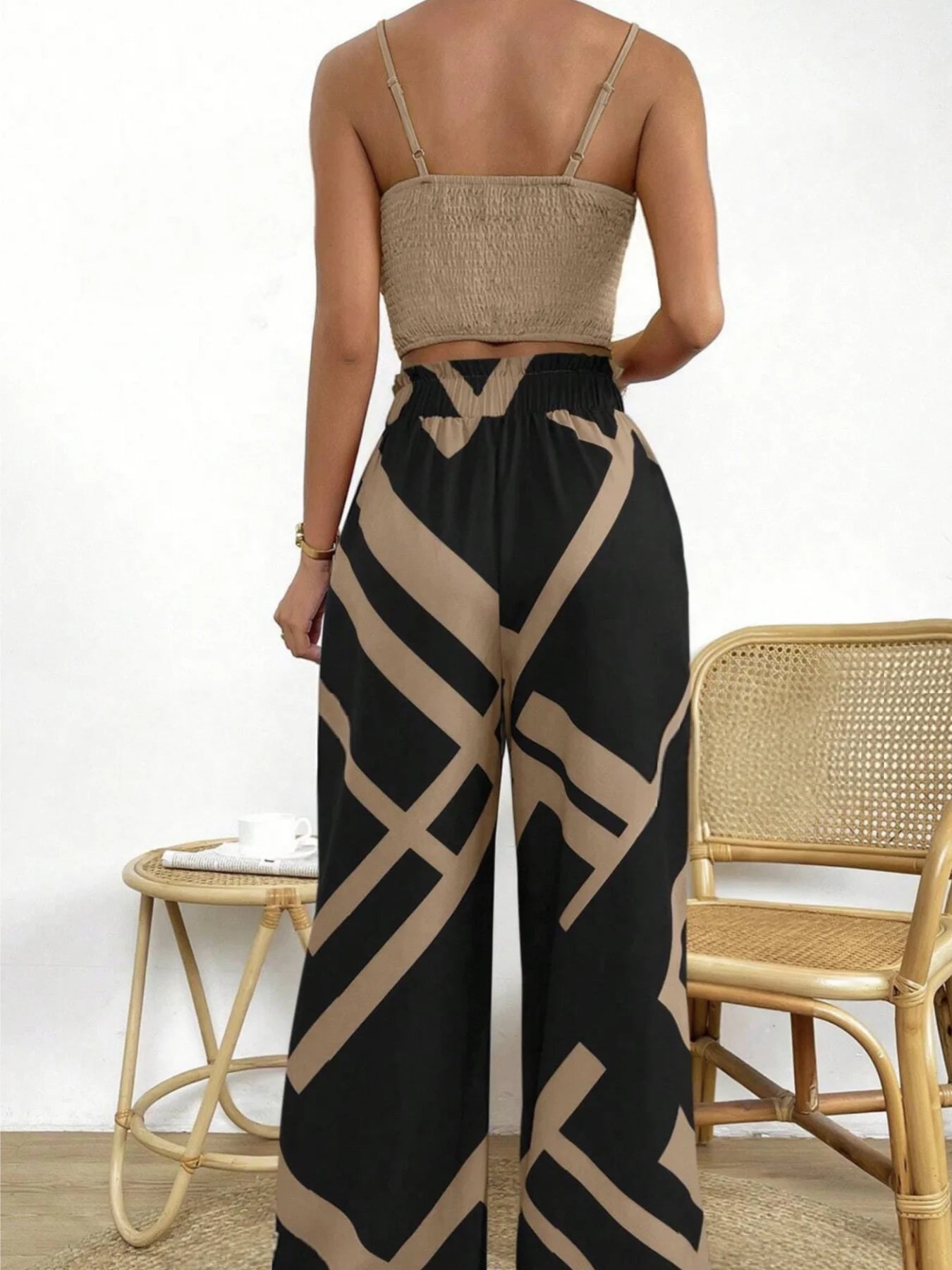 Ladies elegant two-pieces set solid color wide-leg pant
