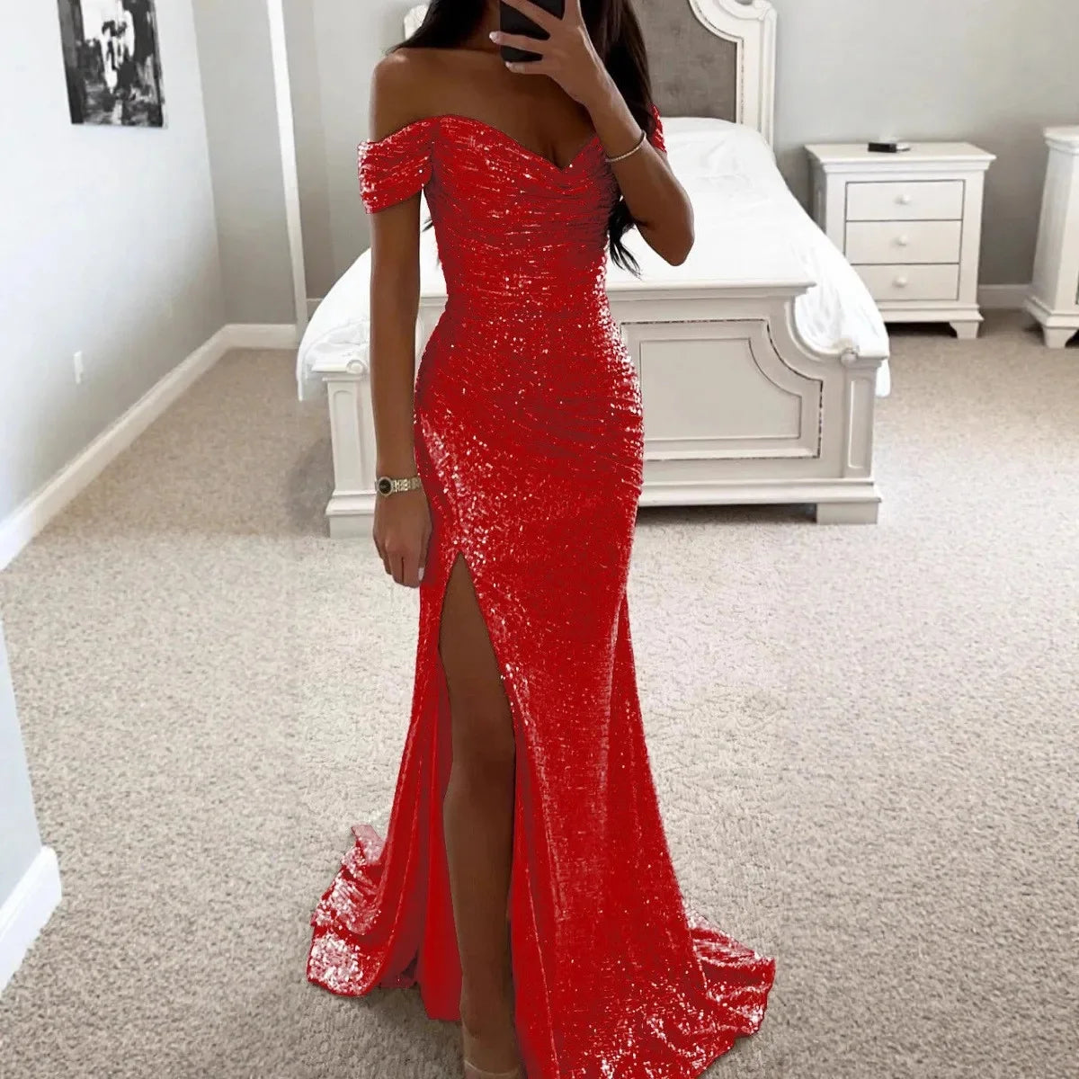 Casual Chic One-Shoulder Slit Dress Women's Fashion Party Wear Polyester Fiber Maxi Dress Regular Waistline No Sleeve