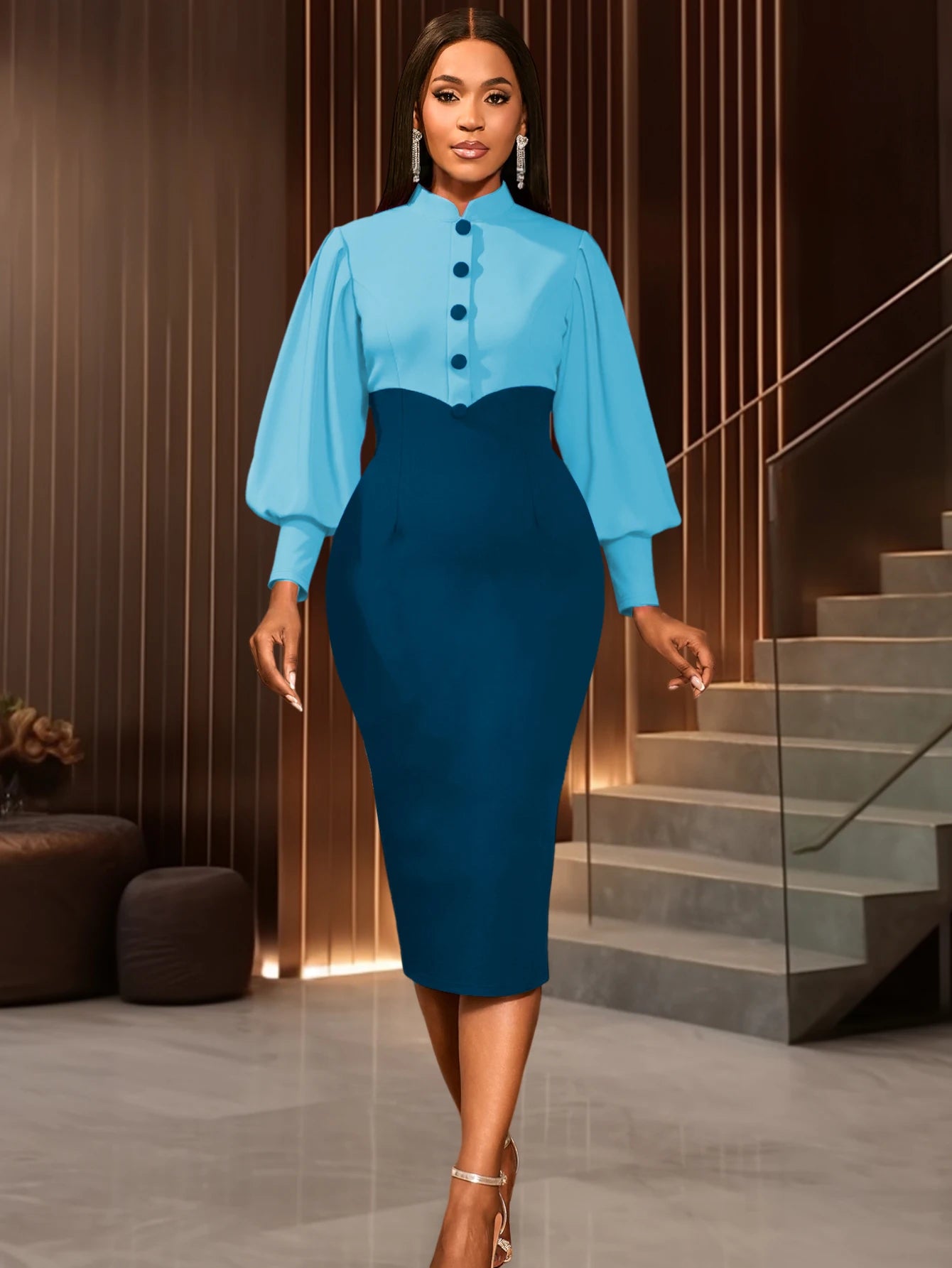 Women Elegant Mock Neck Long Lantern Sleeves Buttom Up Color Block Package Hip church Party Office Business dresses