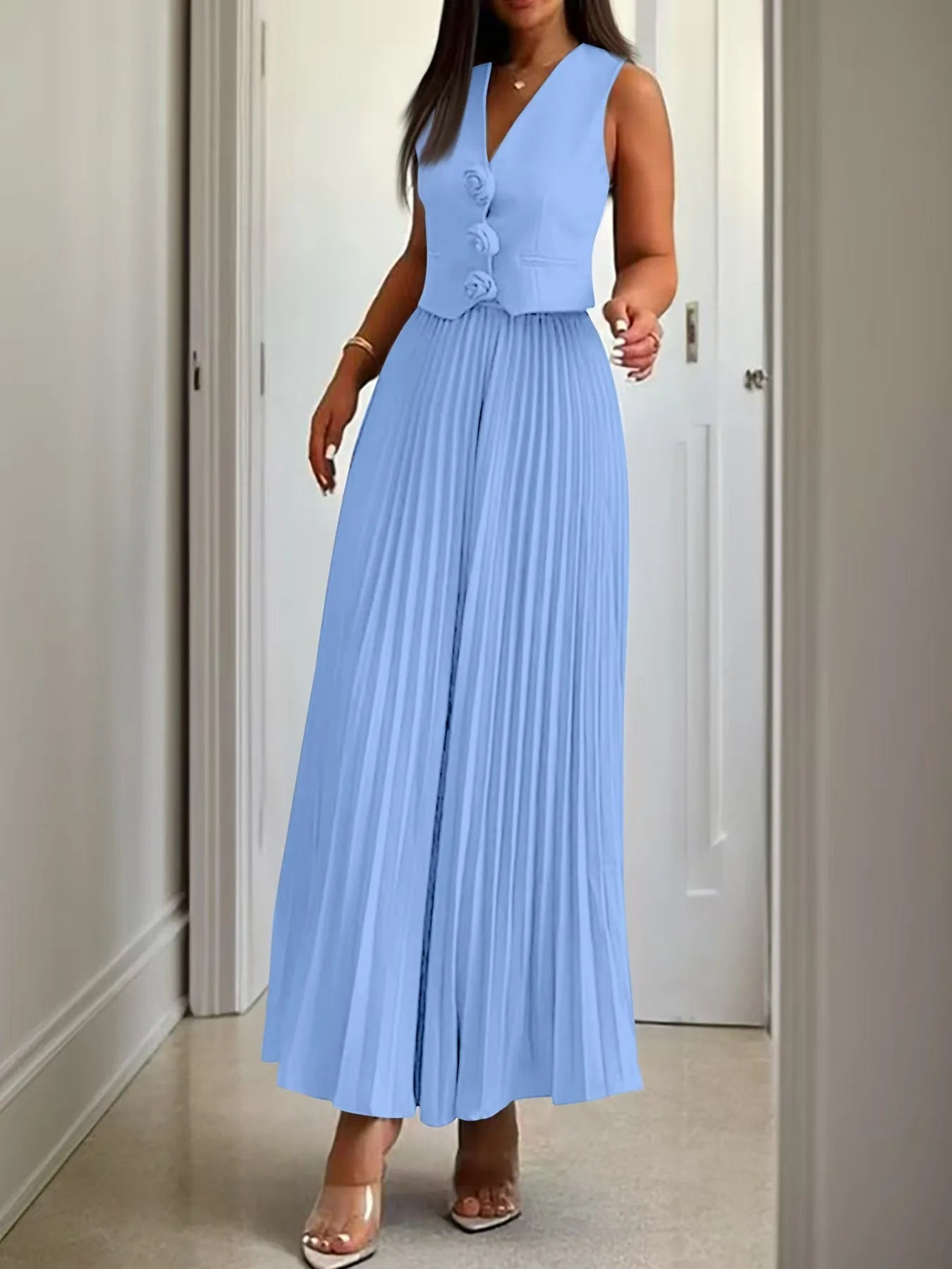 Women 2pcs Office Casual Clothes Set Sleeveless Button Tank Top Vest Solid Color & Long Pleated Skirt