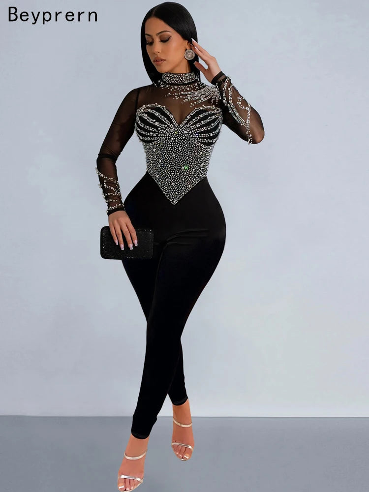 Women's sheer Beyprern mesh crystal jumpsuit