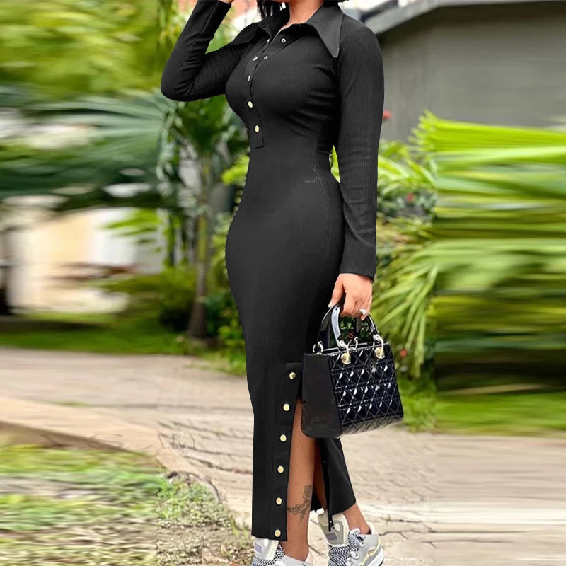 Women VONDA Knitted Dress Sexy Long Sleeve Split Maxi Long Lapel Collar Sundress Casual Robe Solid Color  Dress