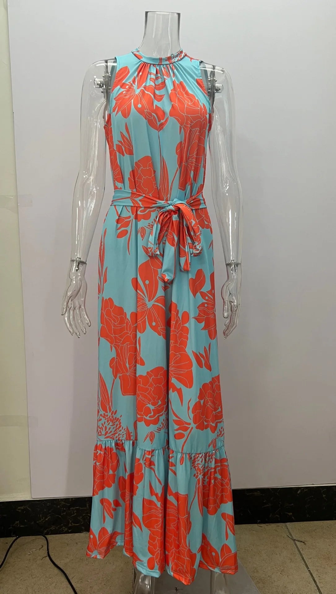 Women Europe and America Cross border Summer New Fashion Print Round Neck Lace up Mid length Dress