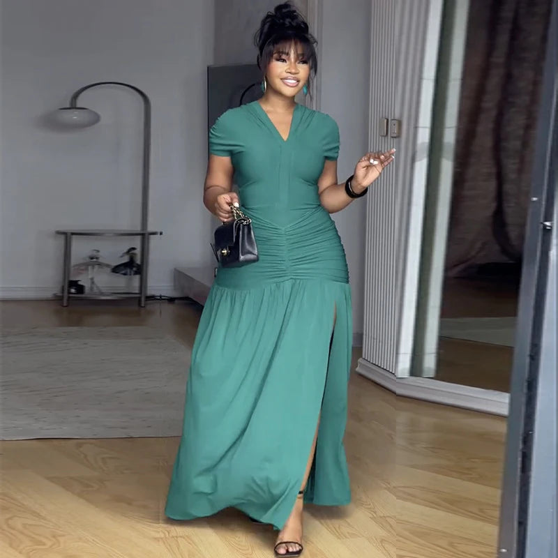 Women New Design Short Sleeve V Neck Slim Rushed Waist High Waist Long Dress