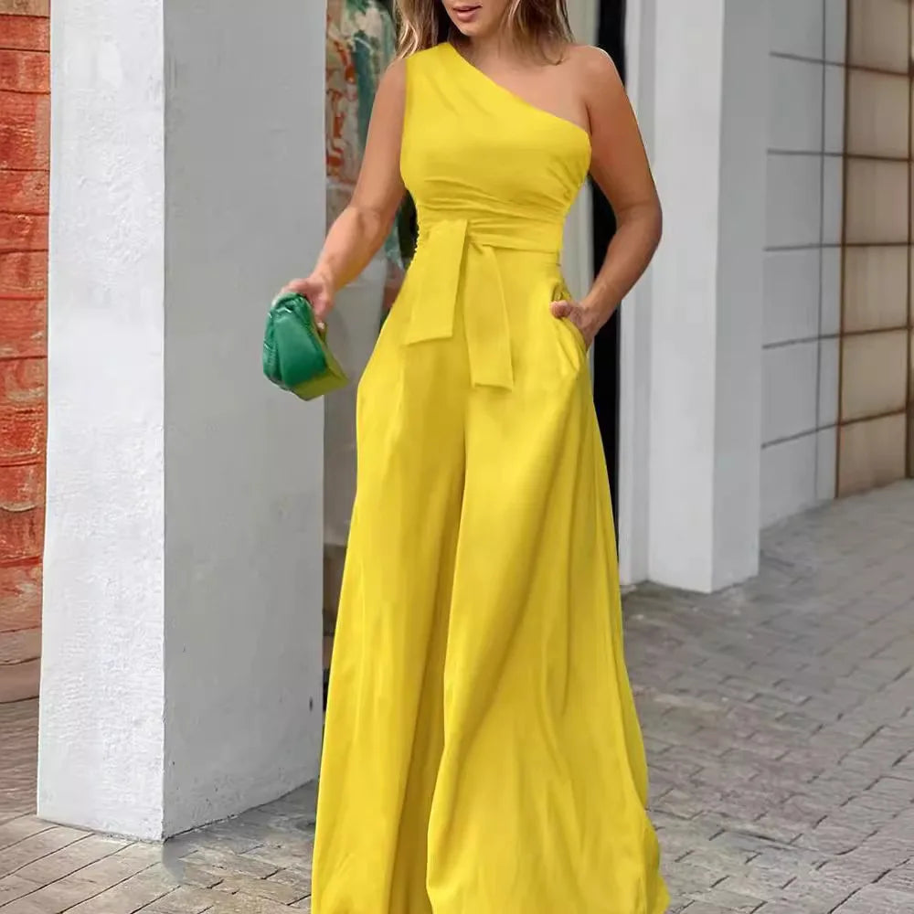 Women's clothing summer slanted collar unilateral tie irregular strapless high waist pocket wide leg jumpsuit