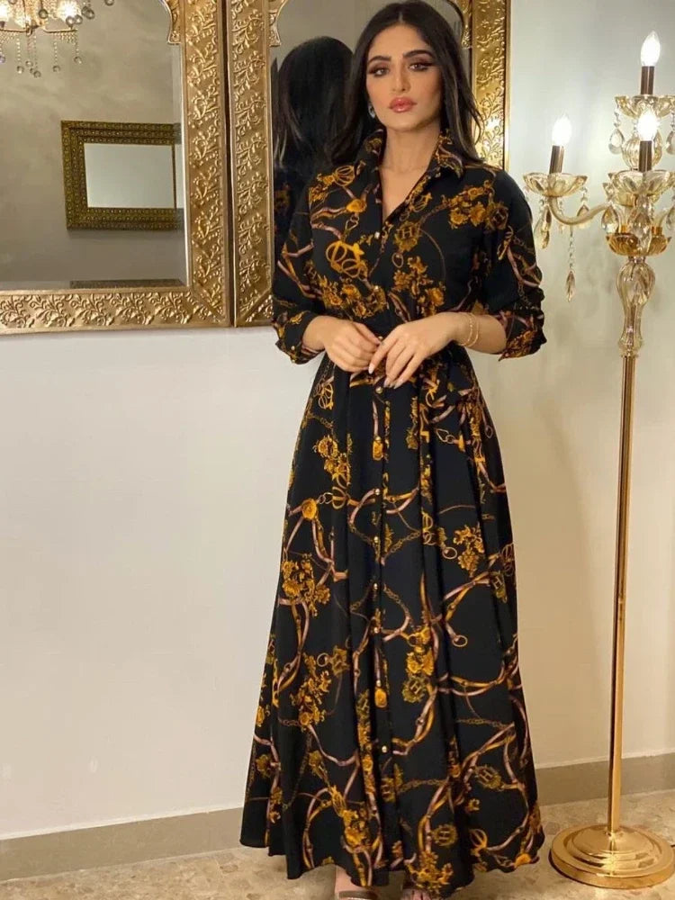 Women Muslim Abaya Ramadan Print Shirt Autumn  Islamic Vestidos Elegant India Moroccan Kaftan dress