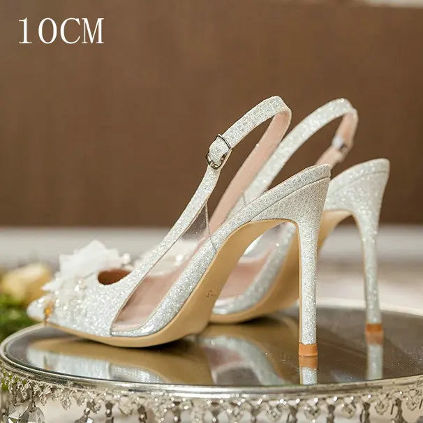 Women New White Wedding  Pointed Head Shallow Mouth Flowers High Heels Summer Fashion Sandals