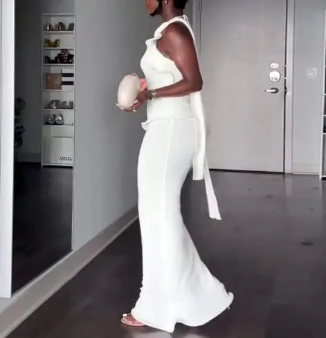 Women Spring New Hanging Neck Solid Color Sexy Backless Elegant Temperament Slim Fit Hip Hugging Long Dress