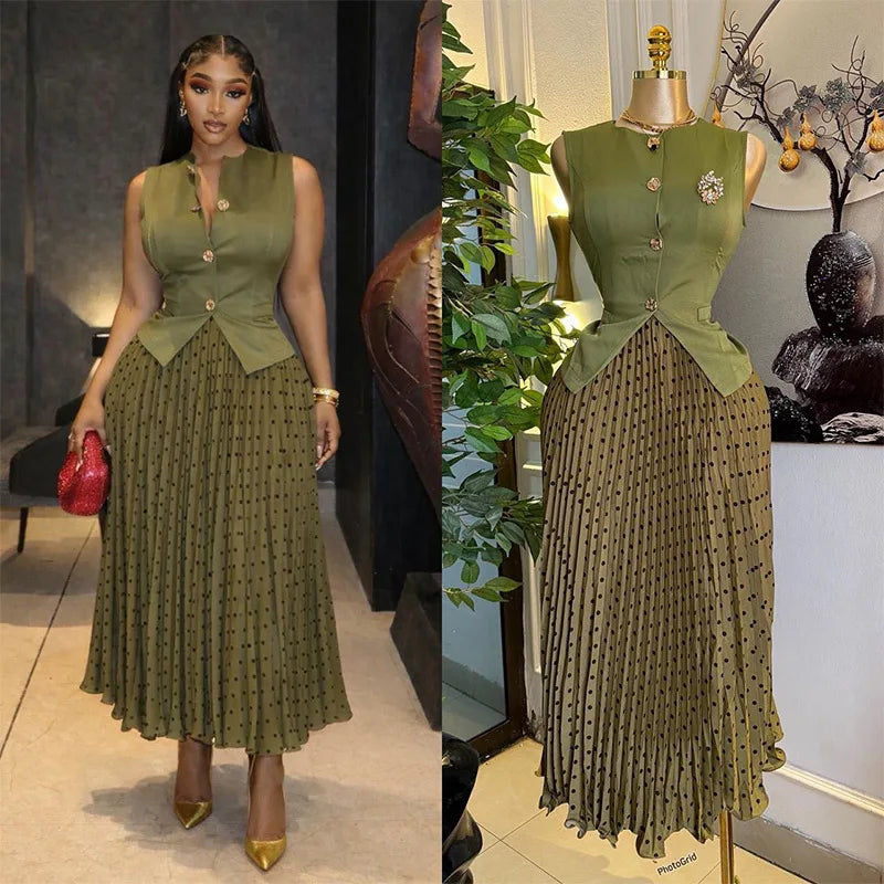 Women HLJ Elegant Black Vest and Polka Dot Skirt Two Piece Set Gold Button Sleeveless Top + Pleated Skirt  Streetwear Vestidos