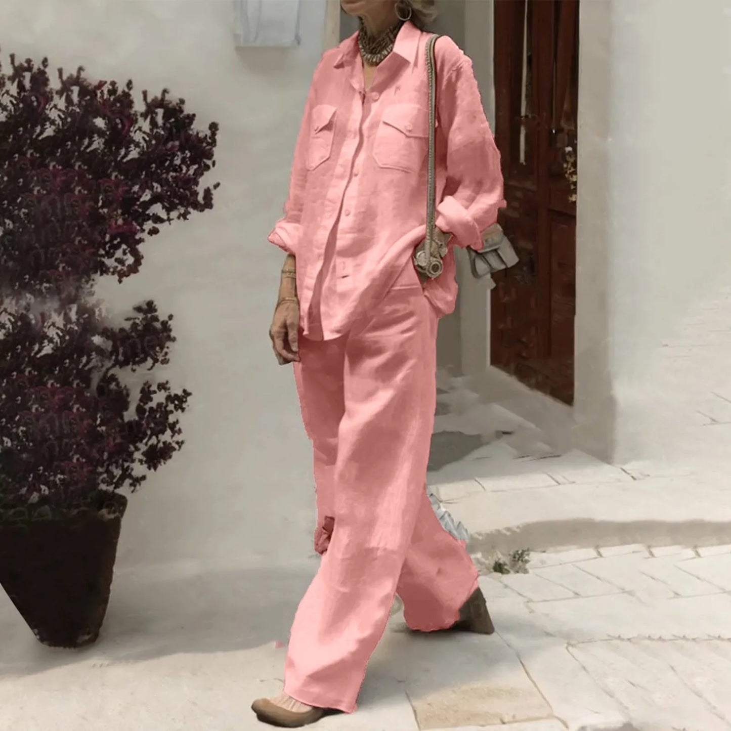 Women Elegant Lapel Neck Long Sleeve Shirt Pants Sets 2PCS Fashion Autumn Outfits Solid Work Trousers Suits Tracksuit