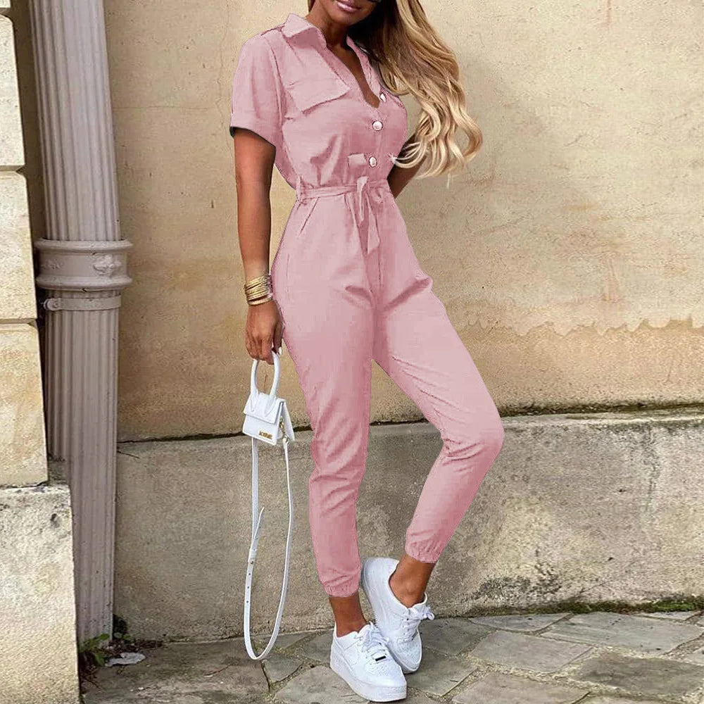 New Women jumpsuit casual workwear summer romper with print button up lapel waist belt slim fit onepiece