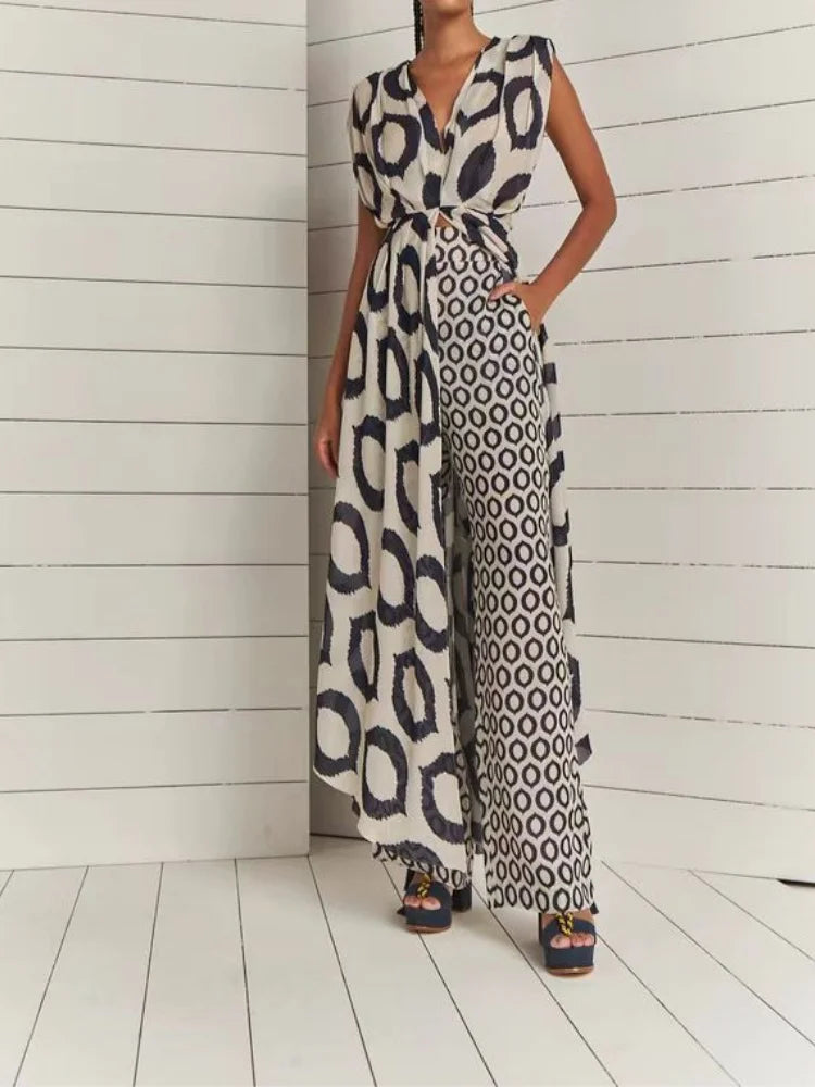 Ladies Two-piece Suit Printed Sleeveless V-Neck Lace-Up Top + Slim-Fit Trousers Set