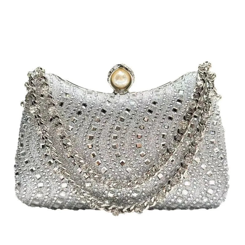 Women Fine Rhinestone Diamond Inlay Dinner Evening Retro Luxury Gold Silver Blue Small Clutch  Wedding Party Shoulder Bag