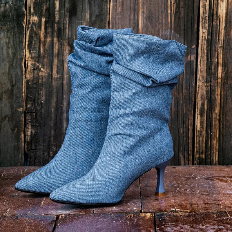 Women Elegant New Designer Denim Pointed Toe Pleated Special-Shaped Spring Autumn High Heel Boots