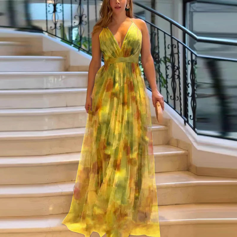 Women Elegant Strapless Mesh Print sexy sleeveless hight waistLong Dress