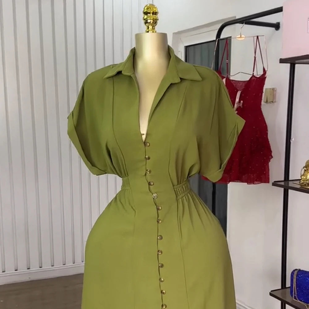 Women Classy new fashion short sleeve long maxi single breasted birthday party shirt dresses